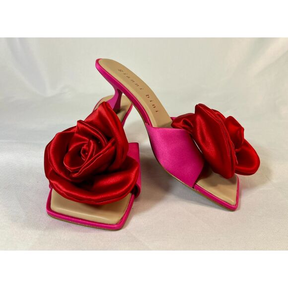 Gianni Bini Hot Pink Satin Red Rose Square toe Slip on Kitten Heels 7.5 EUC - Picture 1 of 8